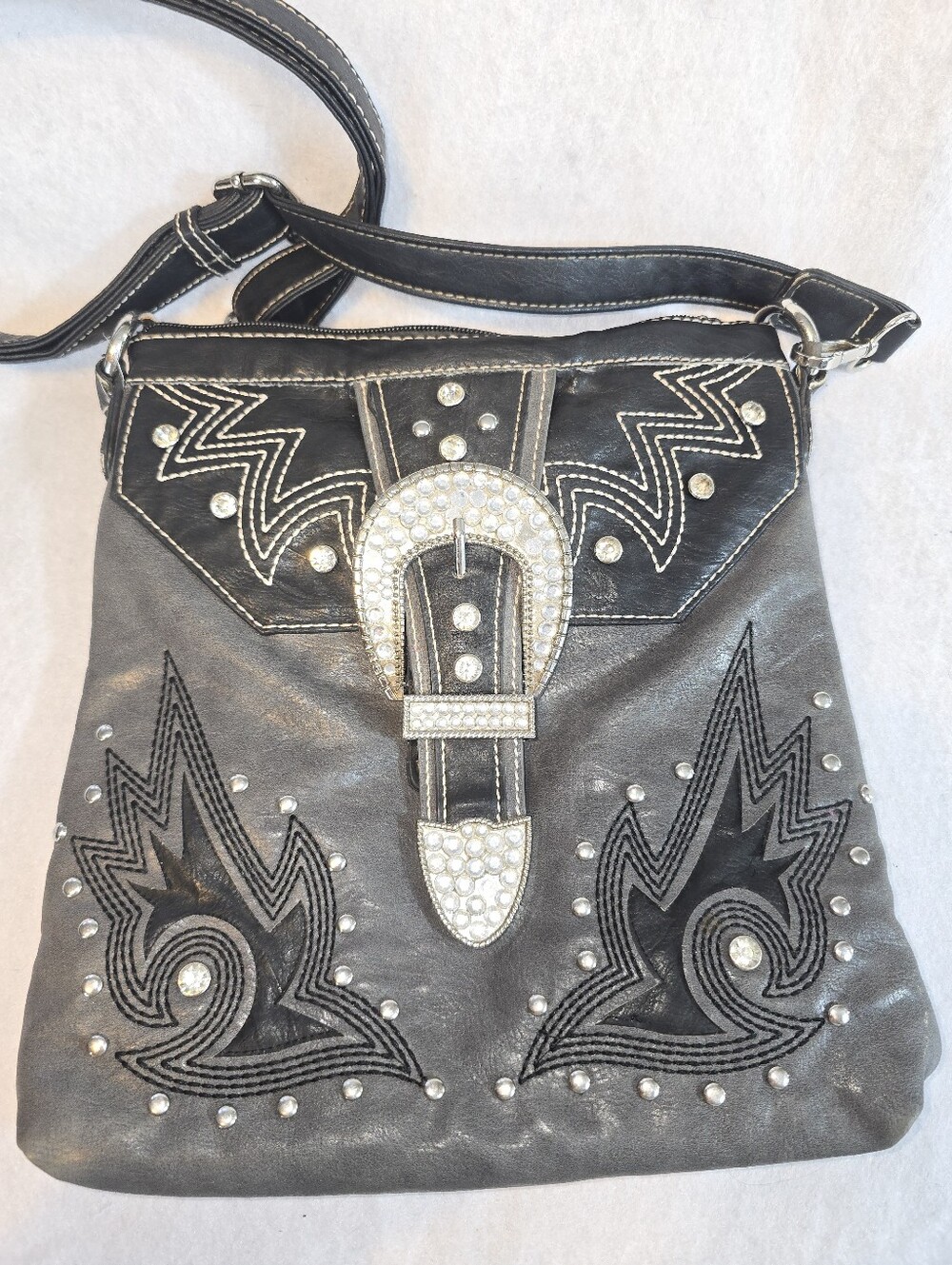 Western Rhinestone Buckle Crossbody Shoulder Bag Grey Black Vegan Leather